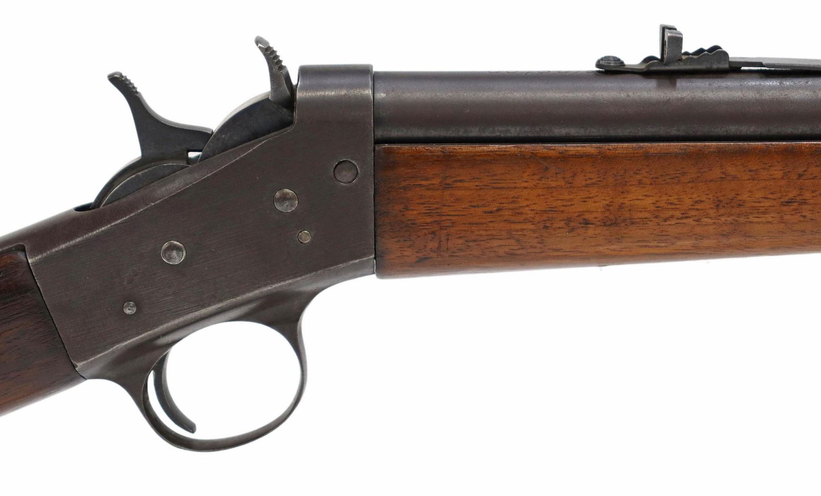 REMINGTON MODEL4 ROLLING BLOCK TAKE DOWN RIFLE .32: Remington New Model 4 Rolling Block take down rifle, .32 S, LR caliber, 22" round barrel, iron front sight, Marble adjustable rear sight, hardwood stock, bright bore, our opinion metal is 85%, some de