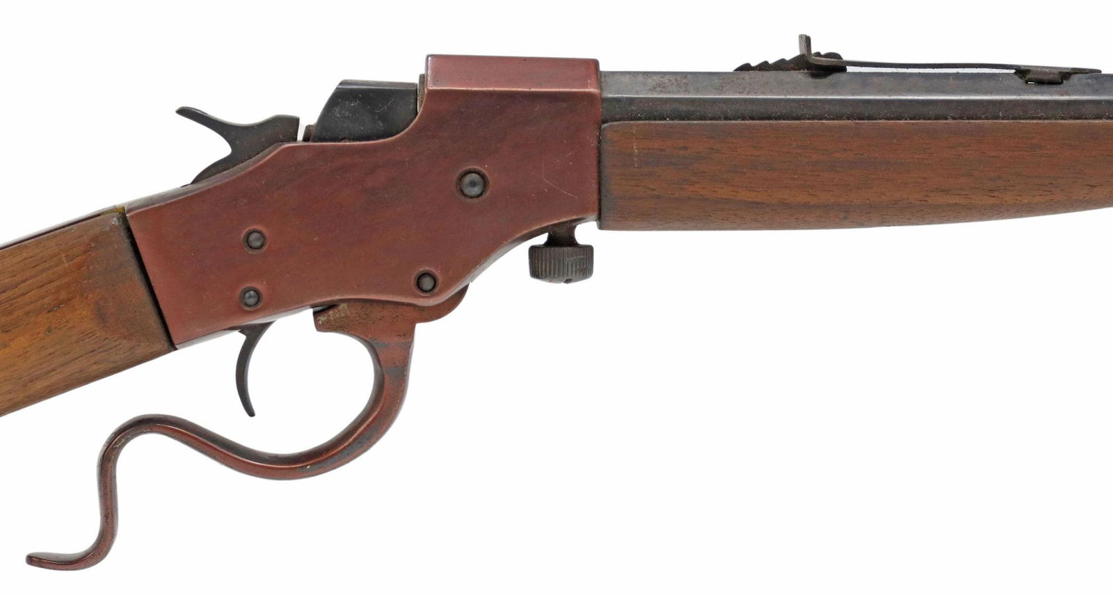 STEVENS FAVORITE MODEL 1915 RIFLE, .25 CALIBER: Stevens Favorite Model 1915 takedown rifle, lever dropblock, .25 caliber, 23.5" octagonal barrel, steel receiver and lever with copper finish, later brass butt plate, old cracks in butt stock, small c