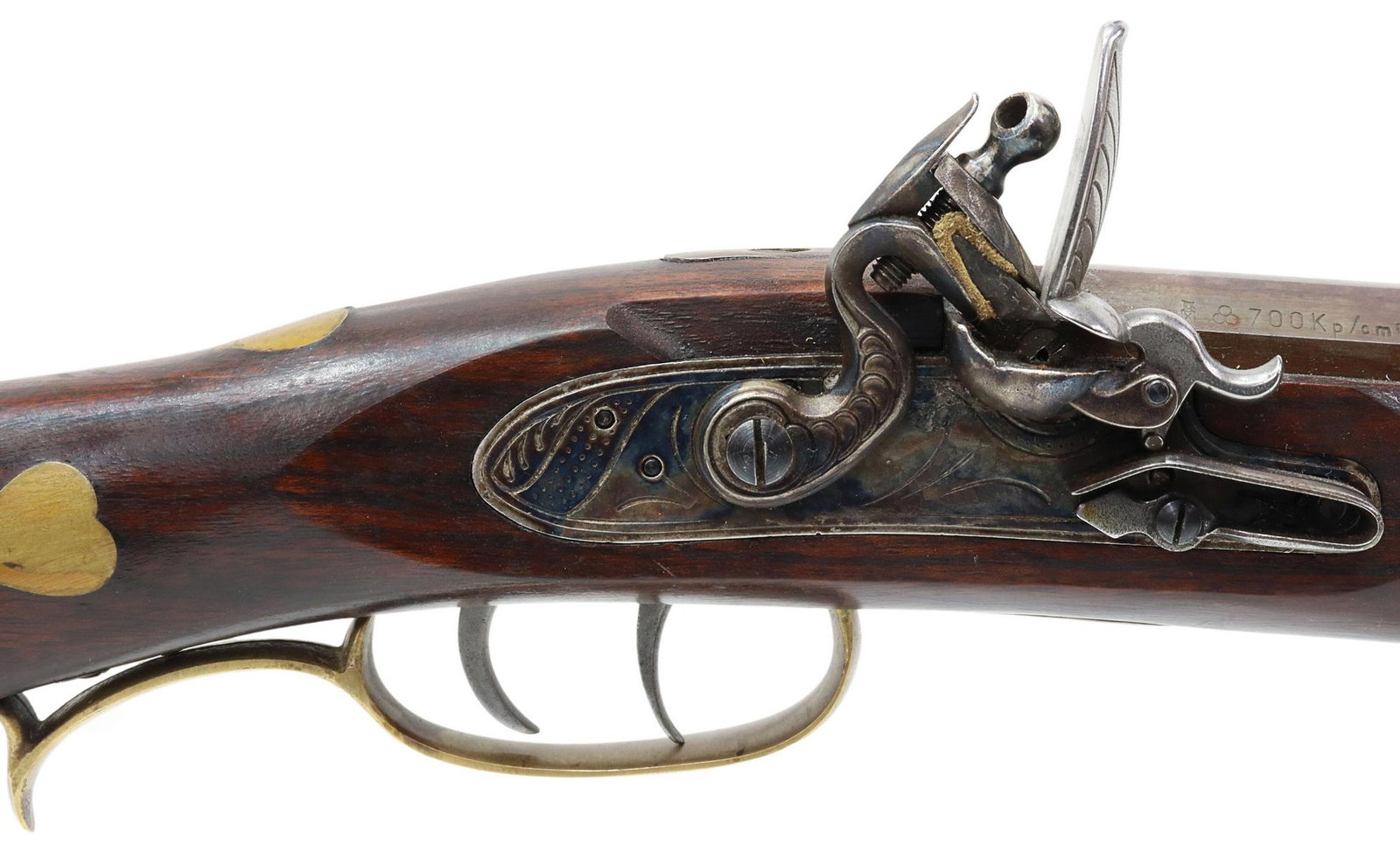 ARDESA .45 CALIBER BLACKPOWDER FLINTLOCK RIFLE: Ardesa, Spain blackpowder flint lock rifle, .45 caliber, 28.5" octagonal rifled barrel, fixed front sight, adjustable rear sight, double set triggers, engraved lockplate, inset brass decoration includ