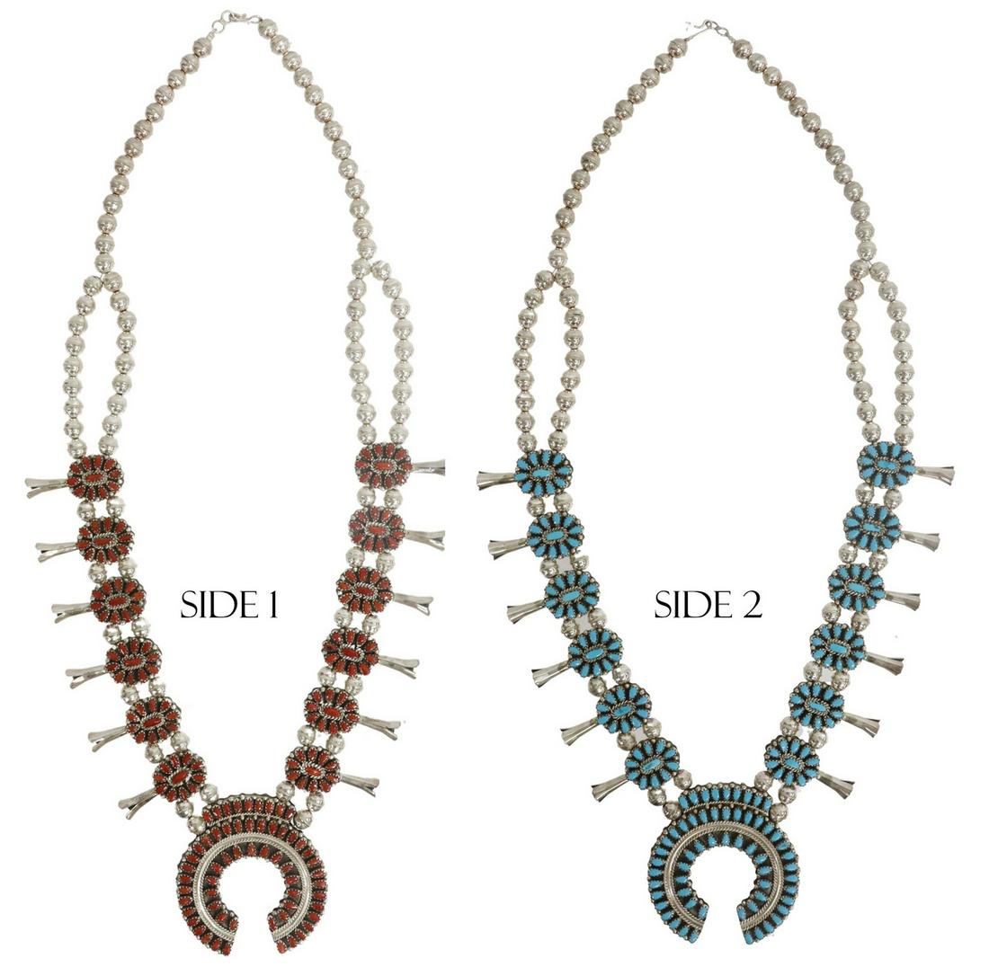 NATIVE AMERICAN DOUBLE-SIDED SQUASH BLOSSOM: Native American silver (content unknown) petit point squash blossom necklace, likely Navajo/ Dine, double sided with turquoise and red coral, bench bead strand, twelve blossoms and central naja, hook 