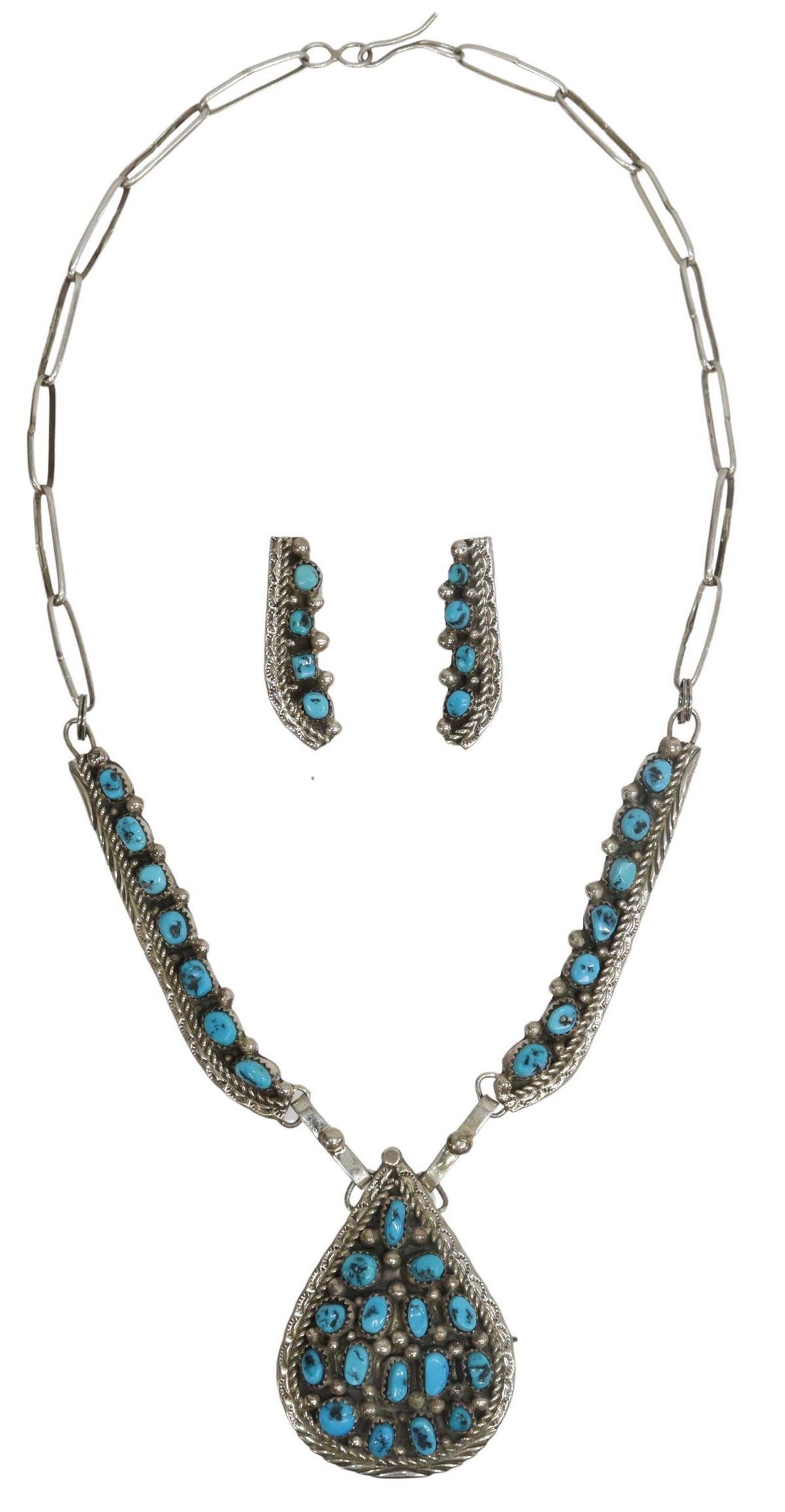 (2) NATIVE AMERICAN SILVER & TURQUOISE JEWELRY: (lot of 2) Native American sterling silver and turquoise jewelry suite, comprising: (1) necklace, with teardrop-shaped central pendant, stamped DB (possibly Darrell Brown, Choctaw, 20thc.), oval silve