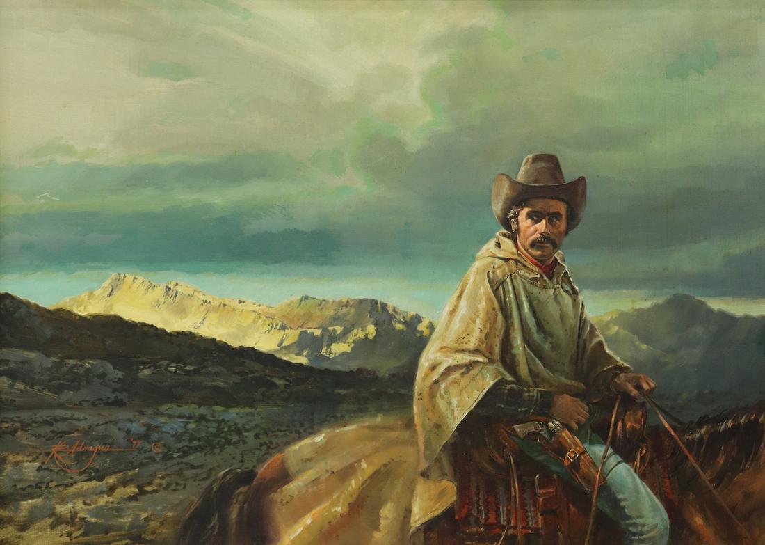 ROBERT ADRAGNA (B.1943) WESTERN ILLUSTRATION ART: Framed oil on Masonite painting, Storm Clouds, signed lower left R. Adragna (Robert [Bob] Joseph Adragna, American, b.1943), dated [19]77, cover illustration for "Bold Rider" by Luke Short (Frederick