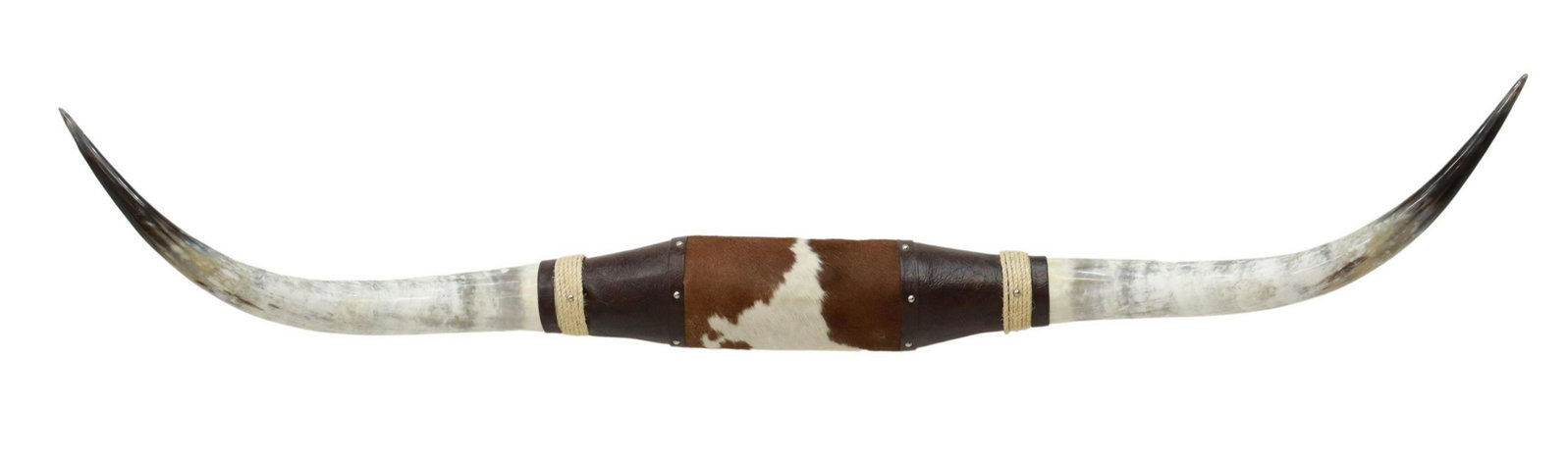 LARGE LONGHORN STEER TROPHY RACK, 78.5"L: Large longhorn steer trophy rack, the center wrapped in leather, spotted cowhide, and rope, mounted on rectangular wood base, approx 78.5"l Start Price: $150.00