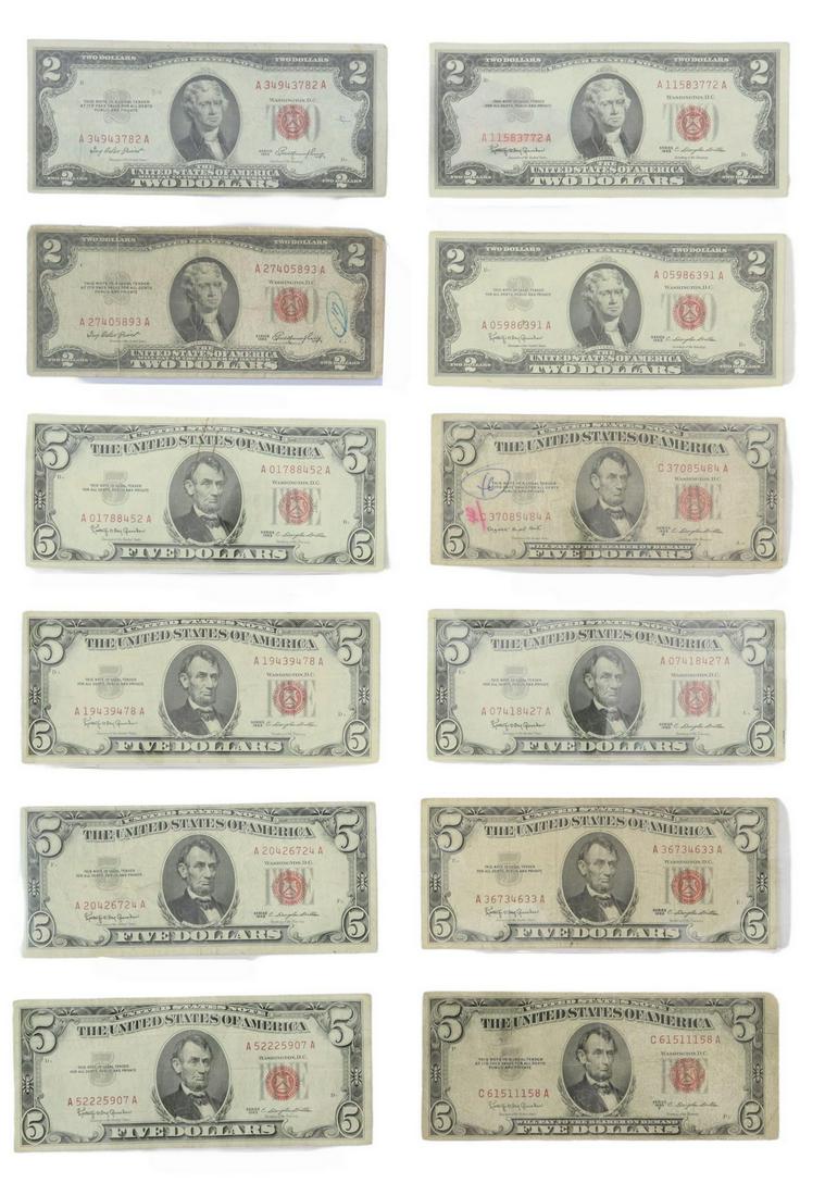 (12) U.S. CIRCULATED RED SEAL CURRENCY, $2 & $5: (lot of 12) U.S. circulated red seal currency: (4) $2 notes, series 1953 and 1963; (8) $5 notes, series 1953B, 1953C, 1963 Start Price: $100.00