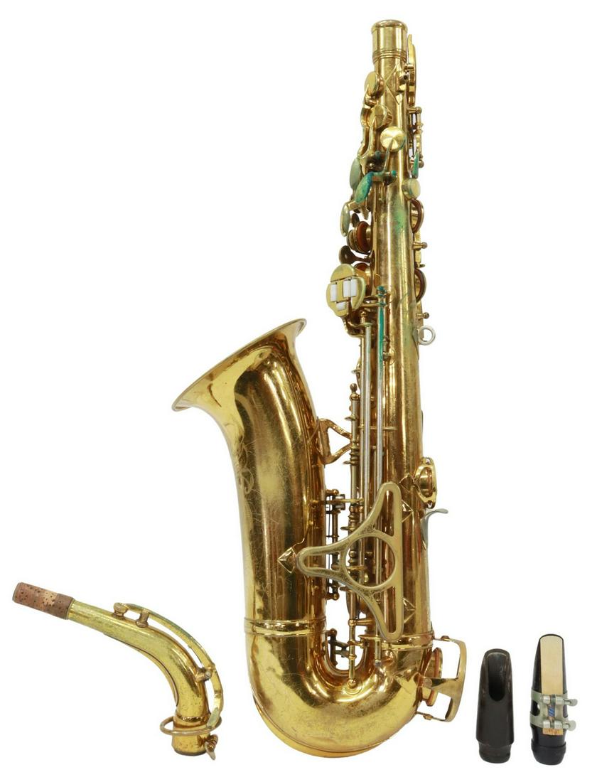 KING ZEPHYR ALTO SAXOPONE, MFG.1955-1960: King Zephyr alto saxophone by H.N. White Co. Cleveland, Ohio, SN 356108, mfg. 1955-1960, all keys operable, some minor dents, finish loss mostly at back, two mouth pieces, housed in very worn King Zep