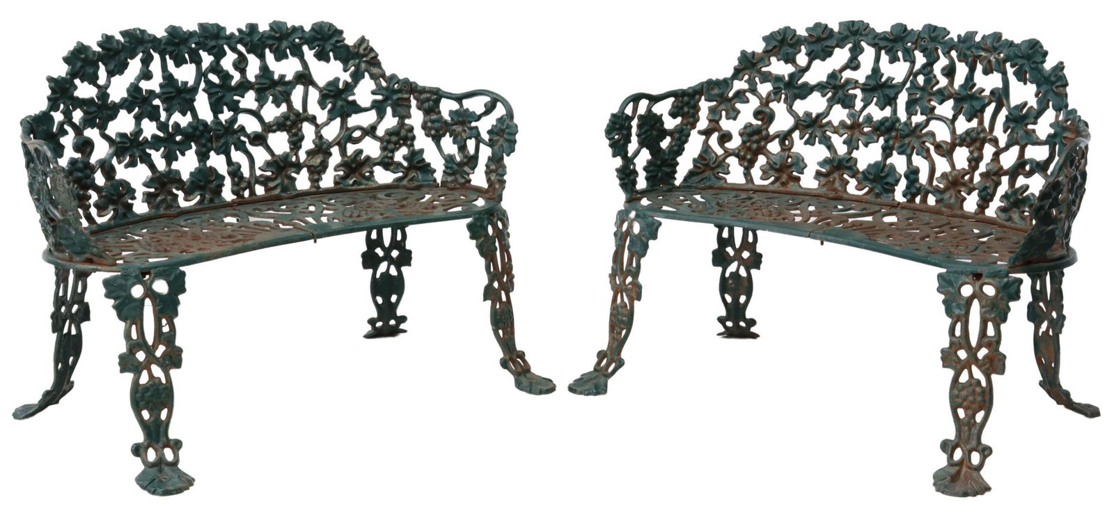 (2) PAINTED CAST IRON GRAPEVINE GARDEN BENCHES: (pair) American Victorian style painted cast iron garden benches/ settees, late 20th c., with grapevine pattern, approx 28"h, 38.25"w, 23.5"d, seat height: 14"h Start Price: $150.00