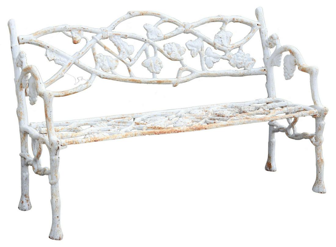 FRENCH CAST IRON GRAPEVINE GARDEN BENCH: French garden bench, white painted cast iron back and seat with trailing grapevines, rising on supports modeled as intertwined branches, approx 30.75"h, 51"w, 17"d, seat height: 15"h Start Price: $300