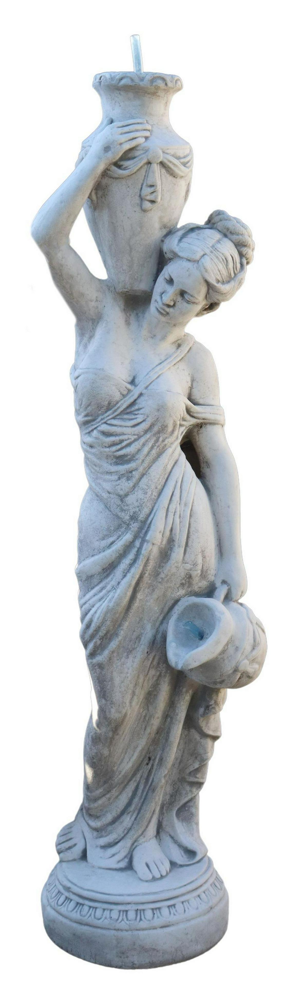 LARGE CAST STONE GARDEN FIGURE, MAIDEN, 53"H: Large cast stone garden figure, Classical Maiden, 20thc., the beauty in flowing drape, on round base with egg-and-dart trim, appears to be plumbed as a fountain, approx 53"h, 14"w, 12"d Start Price: $