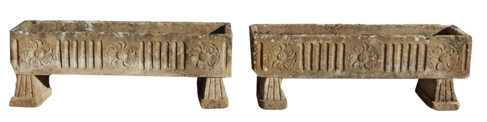 CAST STONE REEDED & FLORAL TROUGH PLANTERS: (pair) Cast stone trough planters, rectangular shape, with reeded and floral surrounding motifs, rising on tapered pedestal feet, some chips, approx 12.5"h, 36.5"l, 11.5"w Start Price: $150.00