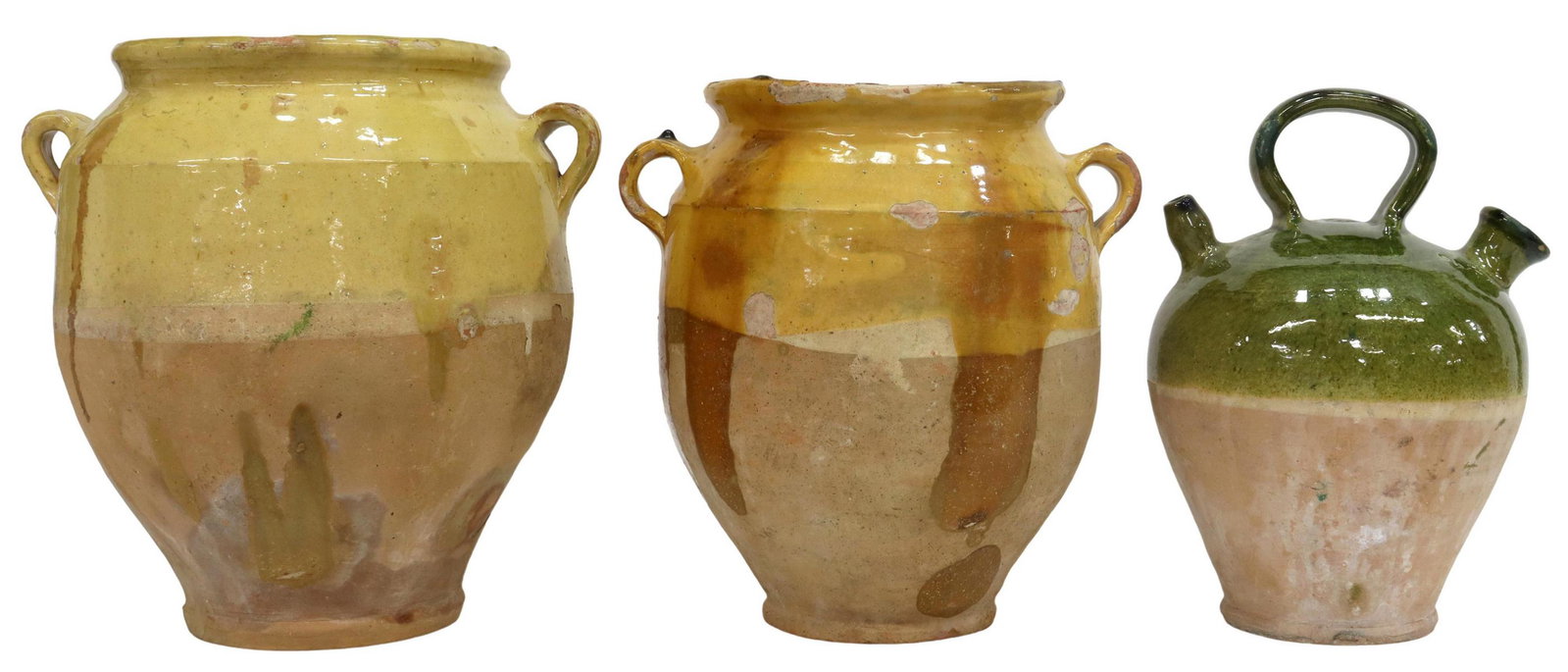 (3) FRENCH GLAZED EARTHENWARE VESSELS, JARS & JUG: (lot of 3) French glazed earthenware vessels, including: (1) yellow glazed confit jar, having two handles, approx 10.5"h, 9"diam., (1) green glazed jug, having a single handle, with some repairs throu