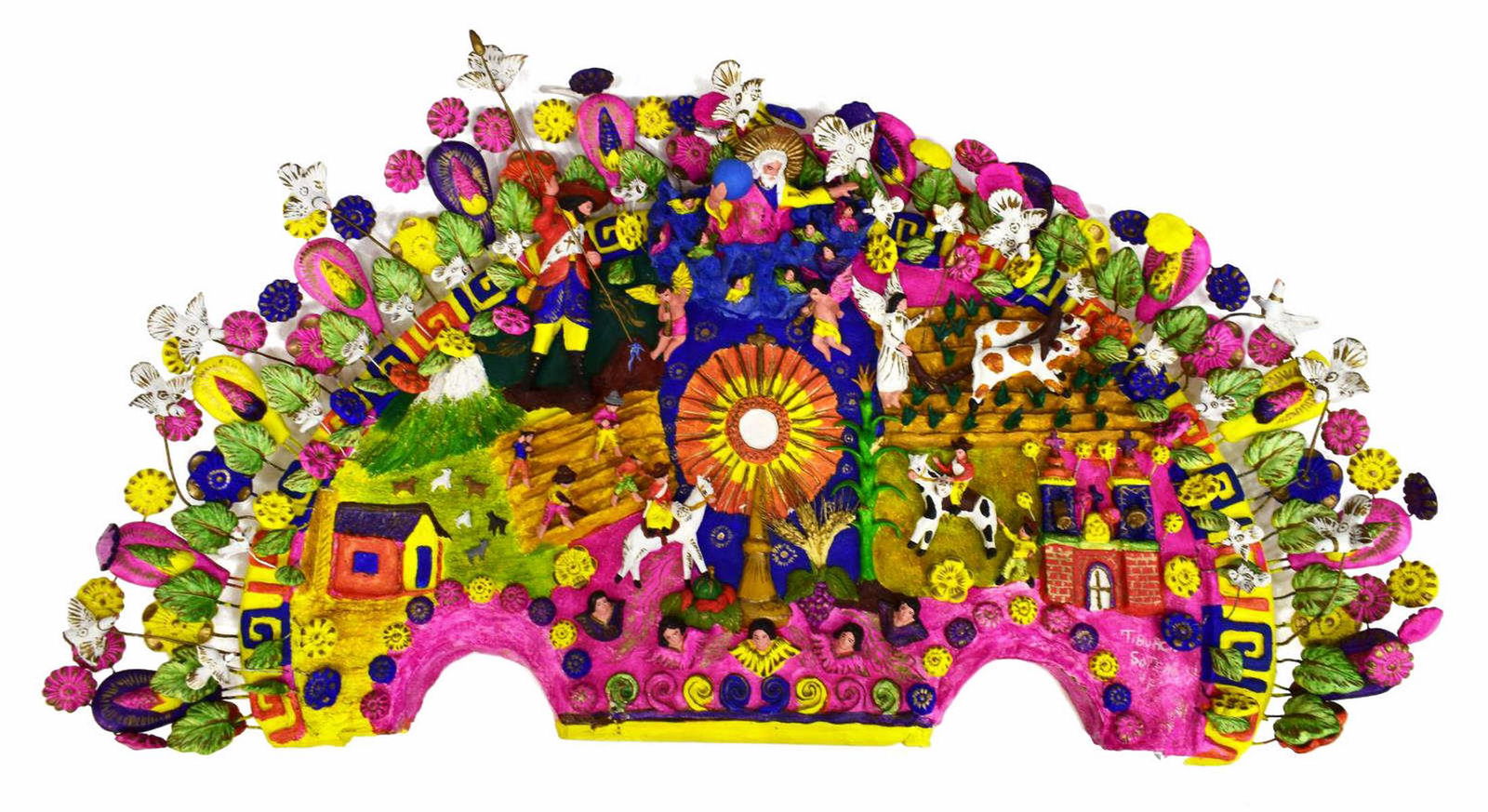 LARGE TIBURCIO SOTENO ARBOLES, MEXICO, 18x35: Arboles de la Vida (tree of life) altar garniture, signed Tiburcio Soteno F (Tiburcio Soteno Fernandez, Metepec, Mexico, b.1952), polychrome earthenware, depicting numerous animals, figures, and folia