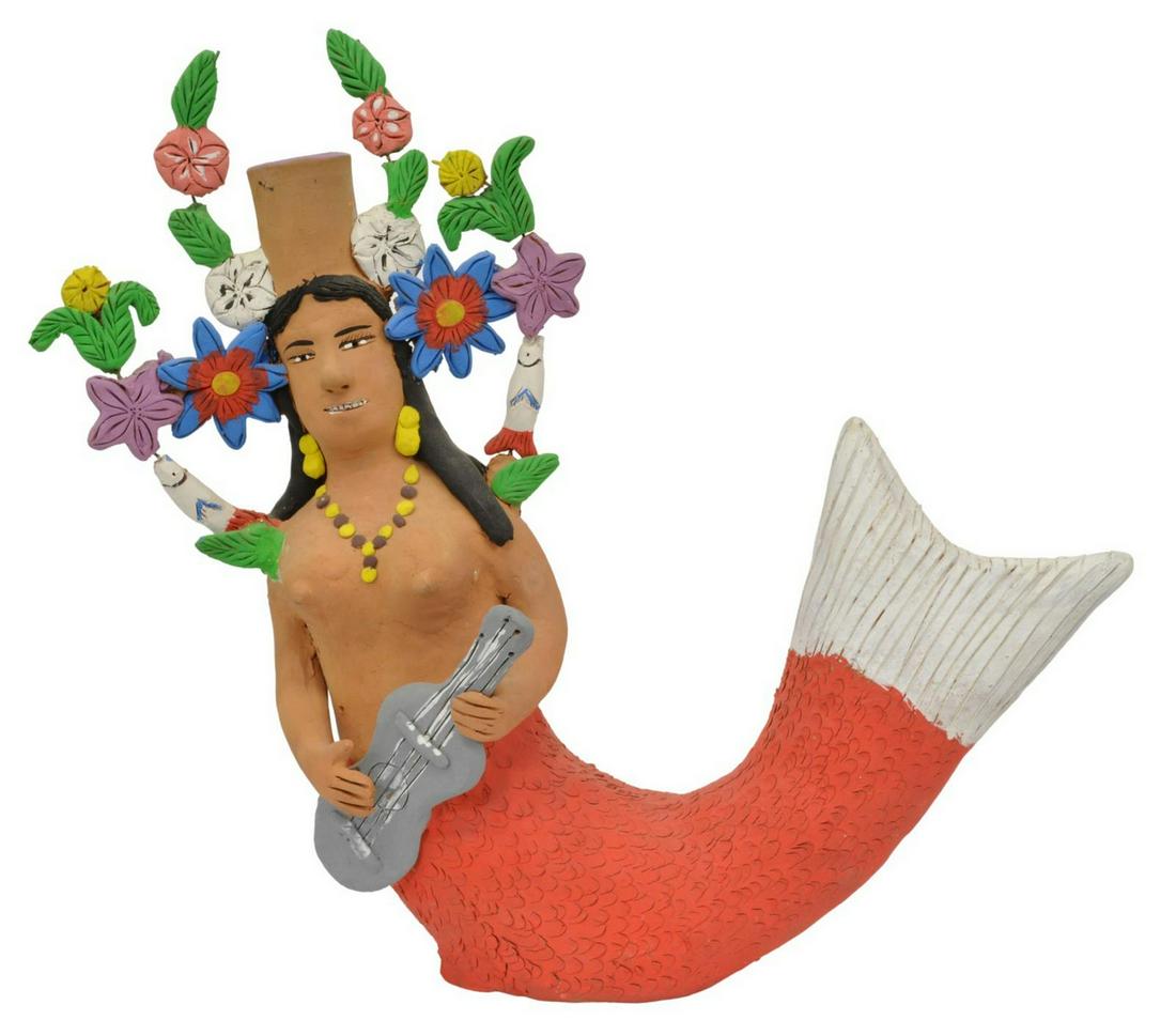 FOLK ART MERMAID, OAXACA, MEXICO, JOSEFINA AGUILAR: Folk art pottery mermaid, Josefina Aguilar (Ocotlan de Morelos, Oaxaca, Mexico, b.1945), polychrome painted clay, modeled as a mermaid playing stringed instrument, approx 20.75"h, 23.5"w, 10.75lbs Sta