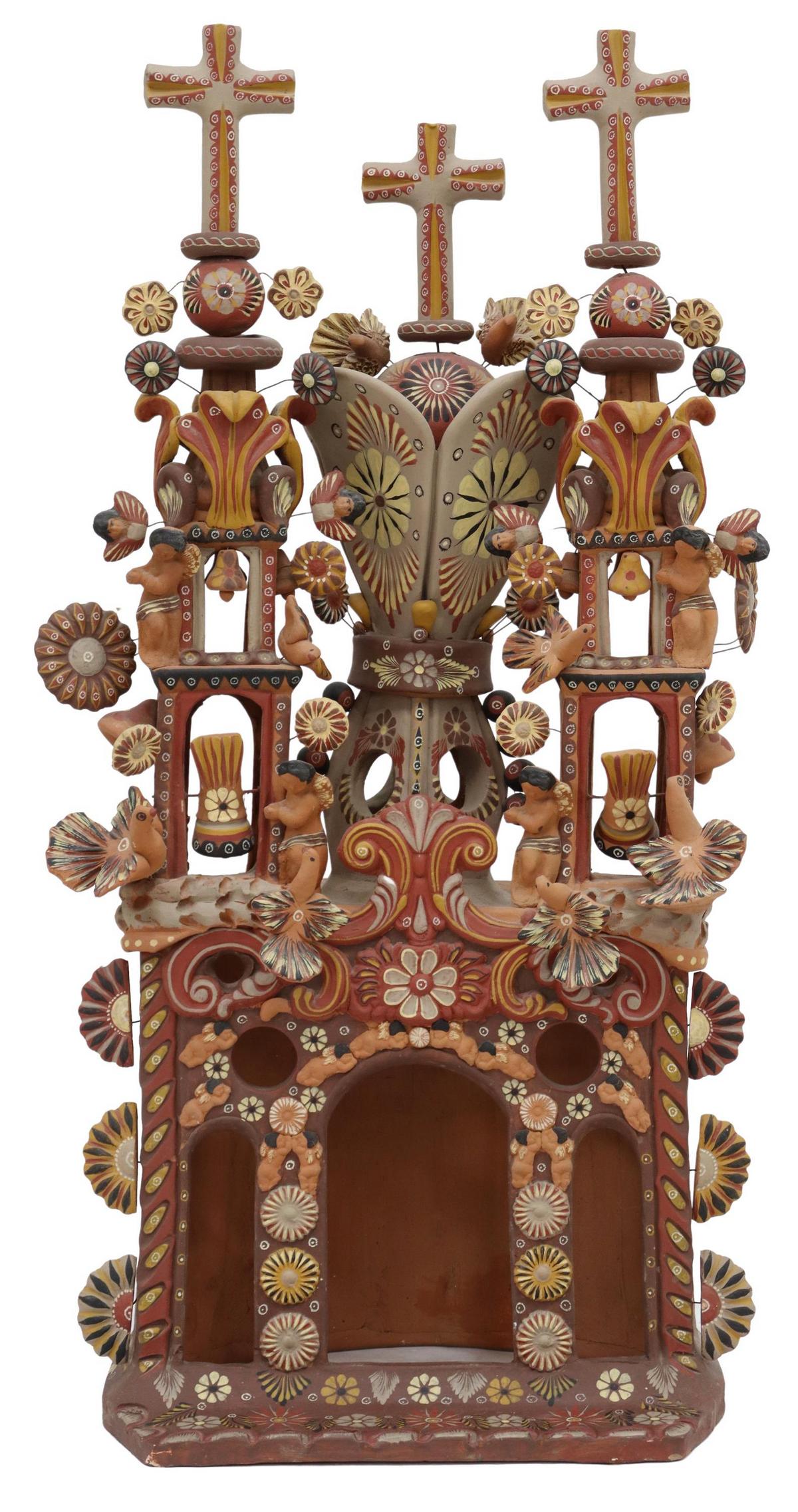 MEXICAN FOLK ART HAND-PAINTED CHURCH LUMINARIA: Large Folk Art terracotta luminaria/ candle lantern, Mexico, slab built and hand painted pueblo church with two bell towers, arcade windows, surmounted by crosses, applied birds and flowers, approx 32