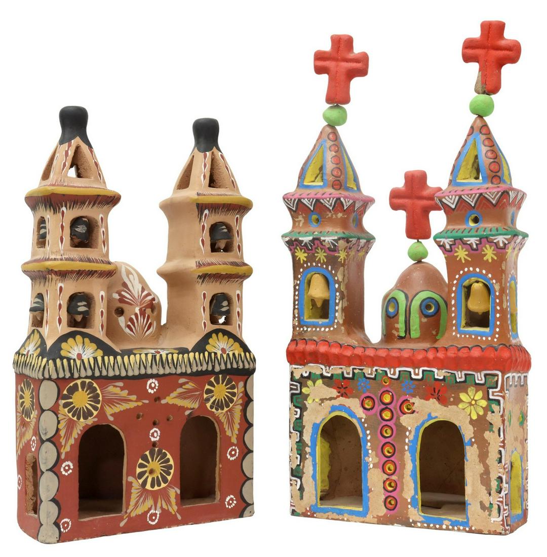 2) MEXICAN FOLK ART HAND-PAINTED CHURCH LUMINARIAS: (lot of 2) Folk Art pottery luminaria/ candle lanterns, Mexico, slab built and hand painted pueblo church with two bell towers surmounted by crosses, arcade windows, both with some paint loss, one lac