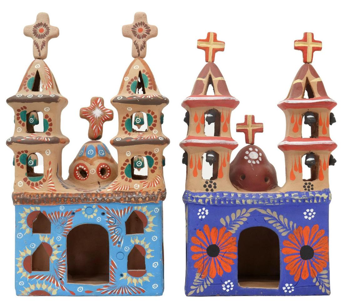 2) MEXICAN FOLK ART HAND-PAINTED CHURCH LUMINARIAS: (lot of 2) Folk Art pottery luminaria/ candle lanterns, Mexico, slab built and hand painted pueblo church with two bell towers surmounted by crosses, arcade windows, decorative etching to clay, crosse
