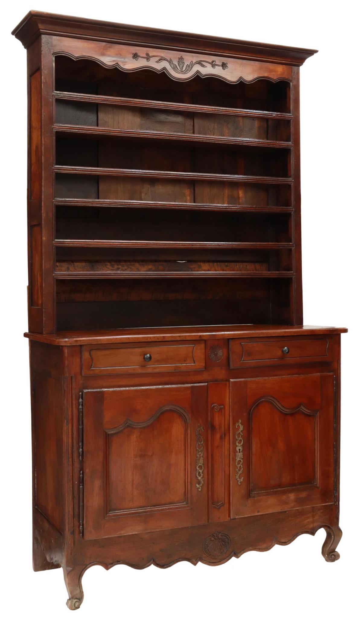 FRENCH PROVINCIAL LOUIS XV STYLE WALNUT VAISSELIER: French Provincial Louis XV style walnut vaisselier/ kitchen dresser, 19th c., molded cornice, three open display shelves with plate grooves and rails, lower case fitted with two drawers, over two cabi