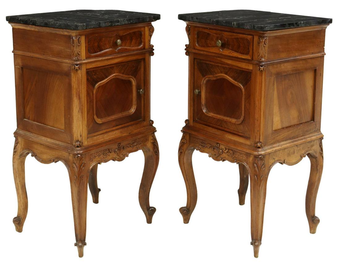 (2) LOUIS XV STYLE MARBLE-TOP WALNUT NIGHTSTANDS: (pair) Louis XV style marble-top walnut bedside cabinets, late 19th c., fitted with a single drawer, over cabinet door, rising on cabriole legs, ending in whorl feet, approx 34.25"h, 18"w, 15.5"d Star
