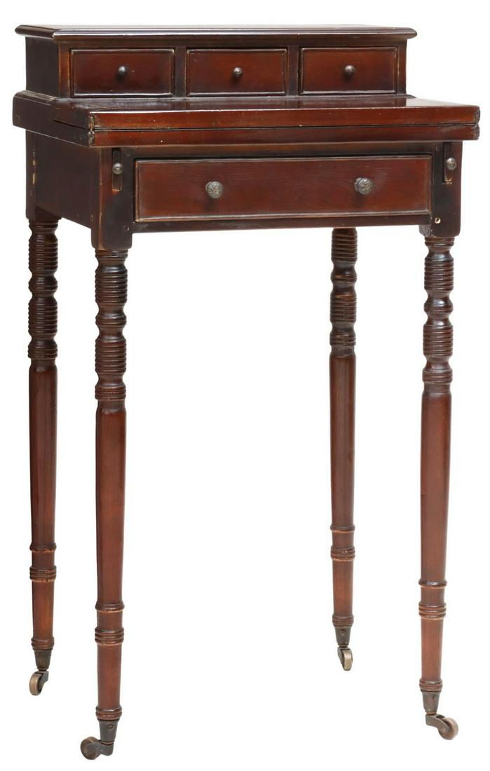 FRENCH LOUIS PHILIPPE BONHEUR DU JOUR: French Louis Philippe period lady's writing desk, 19th c., three drawer gallery, over hinged fold out top, rising on turned legs, ending in casters, approx 32.5"h, 18.25"w, 15"d, open: 21.5"d Start Pr