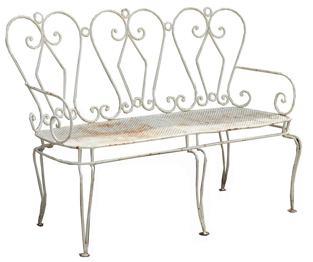 FRENCH WHITE PAINTED IRON BENCH: French white painted iron bench, scrolling back and armrests, rising on curved legs, approx 37"h, 49"w, 16"d, seat height: 17"h Start Price: $150.00