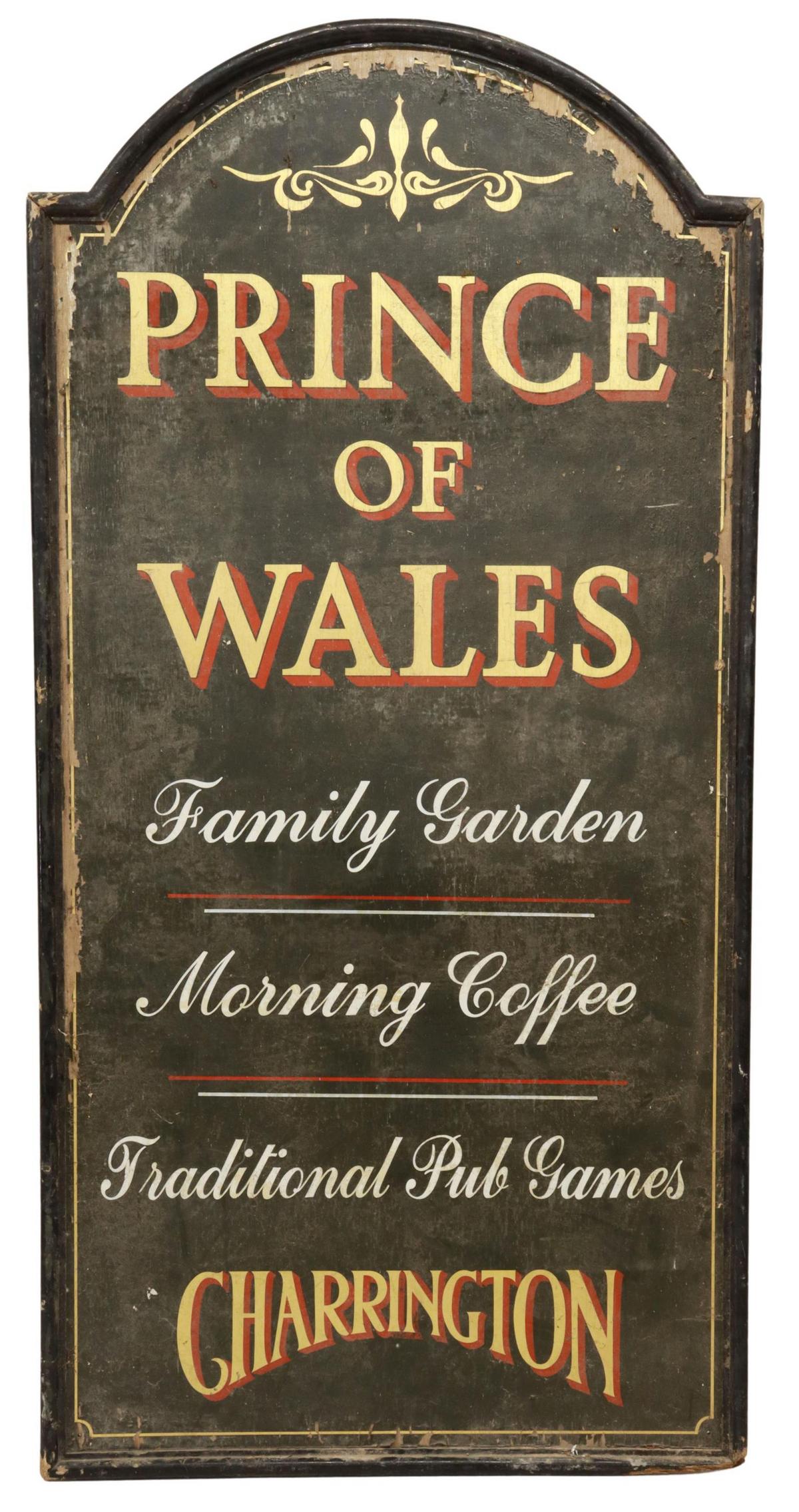 LARGE ENGLISH PRINCE OF WALES PUB SIGN, 96"H: Large English pub sign, "Prince of Wales," parcel gilt and painted wood, with shaped frame, approx 96"h, 48"w, 1.75"d Start Price: $300.00