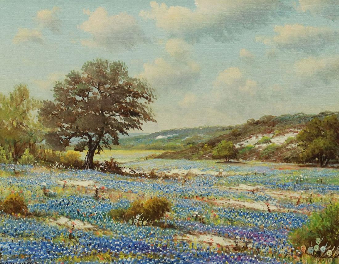 W.R. THRASHER (D.1997) BLUEBONNETS & TEXAS HILLS: Framed oil painting on canvas, Bluebonnets & Texas Hills, signed lower left W.R. Thrasher (William Robert Thrasher, Texas, 1908-1997), sight: 15.5"h, 19.5"w, overall: 24.75"h, 28.5"w, 6.25lbs Start Pr