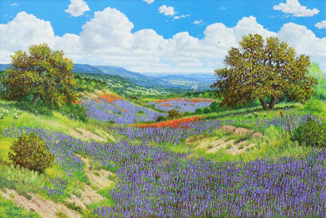 MANUEL GARZA (B.1940) BLUEBONNETS, 24" x 36": Framed oil painting on canvas, "Distant Visions," signed lower left Manuel Garza (Texas, b.1940), sight: 23.75"h, 35.75"w, overall: 35.75"h, 47.25"w, 23.75lbs Start Price: $2500.00