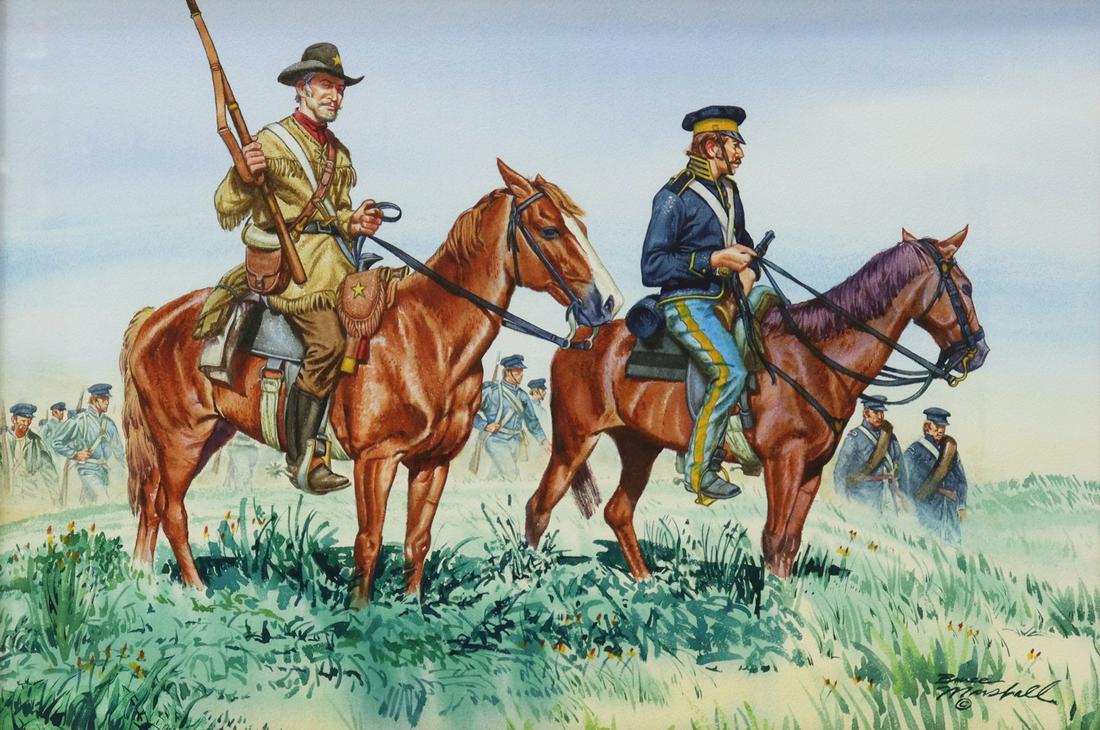 BRUCE MARSHALL (1929-2015) 'MARCHING TO MEXICO': Framed watercolor painting on paper, "Marching to Mexico," signed lower right Bruce Marshall (Texas, 1929-2015), title and details on verso, sight: 14.5"h, 21.25"w, overall: 19"h, 26"w, 7.5lbs Bruce M