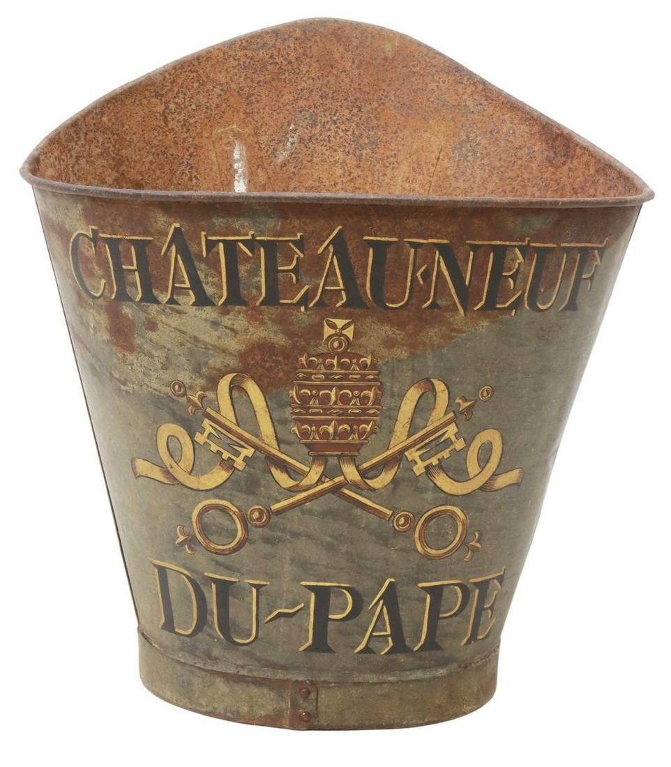 FRENCH VINEYARD PAINTED METAL GRAPE PICKER'S HOTTE: French paint decorated galvanized metal grape picker's hotte/ hod, early 20th c., stenciled Chateauneuf Du Pape logo with Saint Peter's keys and papal tiara, retaining worn back straps, oxidized, dent