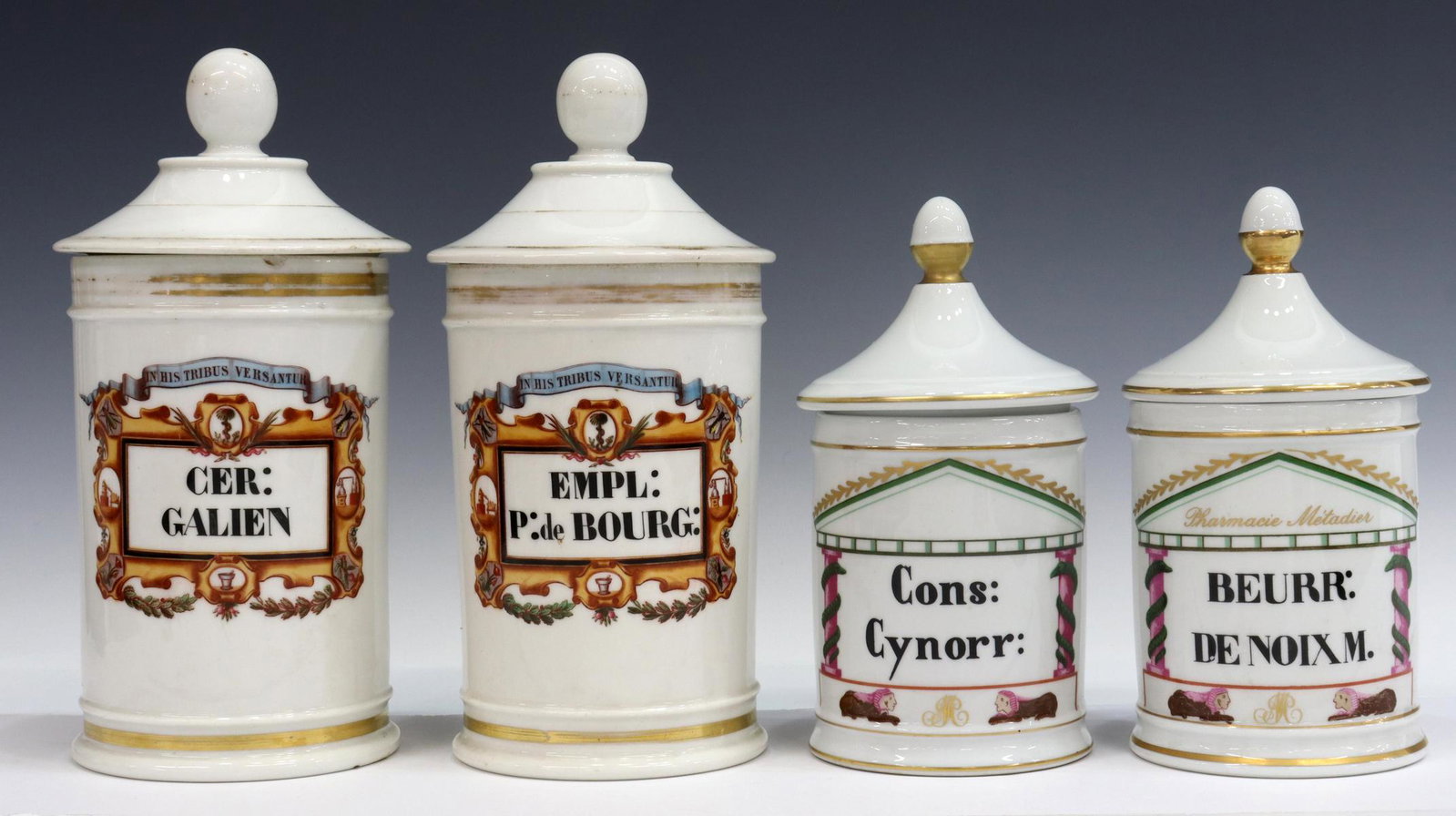 4) FRENCH PORCELAIN PHARMACEUTICAL APOTHECARY JARS: (lot of 4) French porcelain pharmaceutical apothecary jars, including: (2) Limoges, (2) marked J. Fontemoing & L. Peigney, (one) with small chip to rim; gilt loss throughout, largest: approx 10.5"h, 5