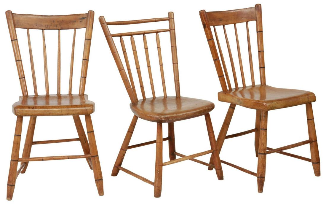 (3) PRIMITIVE BIRDCAGE WINDSOR SIDE CHAIRS: (lot of 3) Primitive birdcage Windsor side chairs, 19th c., similarly styled, with faux bamboo turnings, spindled back, shaped seat, rising on turned legs, joined by box stretcher, tallest: approx 31.