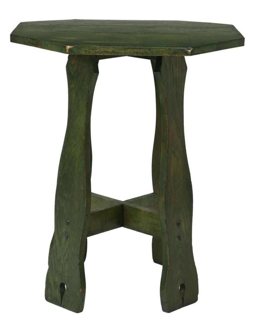 LIMBERT (ATTRIB) CRAFTSMAN GREEN FINISH LAMP TABLE: American Arts and Crafts oak lamp table, attributed to Charles P. Limbert (1854-1923), early 20th c., in a green finish, octagonal top, rising on shaped legs, joined by x-form cross stretcher, unmarke