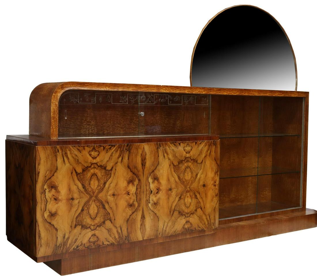 LEVI-MONTALCINI & PAGANO ART DECO MIRROR SIDEBOARD: Italian Rationalist sideboard, attributed to Gino Levi-Montalcini (1902-1974) and Giuseppe Pagano (1896-1945), c.1920s-1930s, demilune flat mirror plate, sliding glass doors with etched border of styl