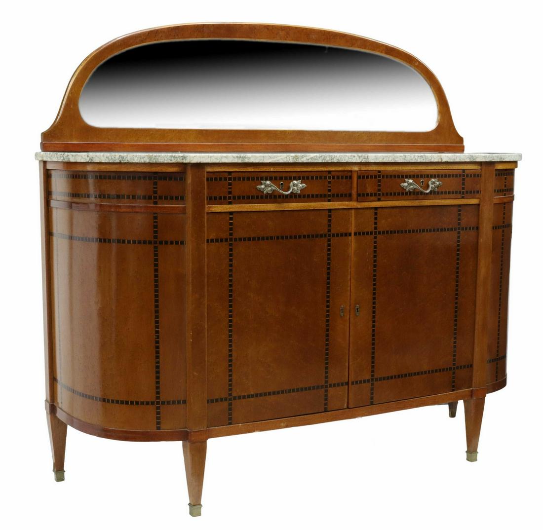 ART DECO MARBLE-TOP BIRD'S EYE MAPLE SIDEBOARD: French Art Deco marble-top bird's eye maple sideboard, c.1930s, raised backsplash with oval beveled mirror plate, shaped marble top over case fitted with two drawers, cabinet doors opening to interior