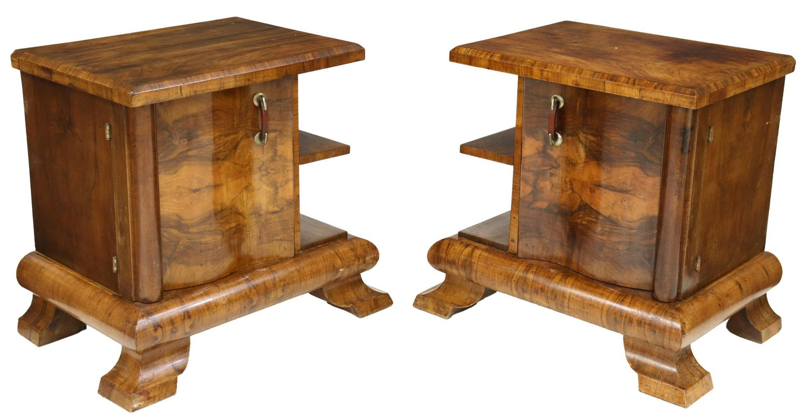 (2) ITALIAN ART DECO BURLED WALNUT NIGHTSTANDS: (pair) Italian Art Deco burled walnut bedside cabinets, c.1930s, curved cabinet door with plastic pull, flanked by open shelves, rising on bracket feet, approx 24.5"h, 28"w, 18.5"d Start Price: $200.0