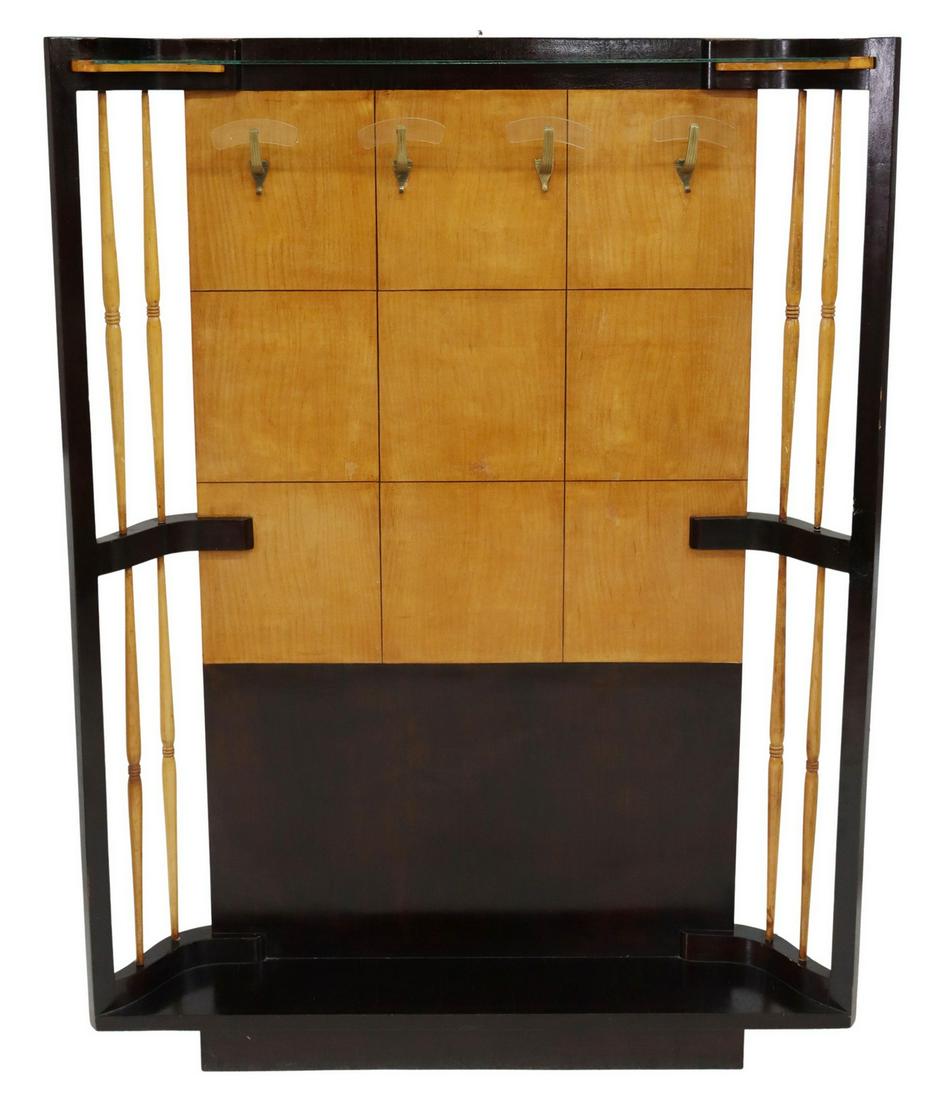 FRENCH ART DECO HALL TREE WITH GLASS SHELF: French Art Deco hall tree, c.1940s, top glass shelf, over contrasting wood back panel, issuing four acrylic and gilt metal hooks, flanked by spindled sides, on rectangular base, approx 73.25"h, 56"w,