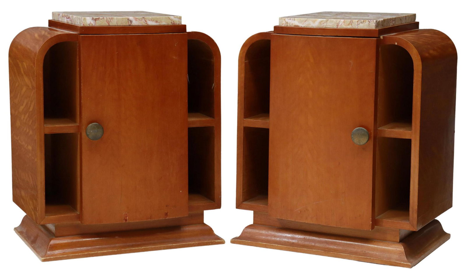 (2) FRENCH ART DECO MARBLE-TOP BEDSIDE CABINETS: (pair) French Art Deco marble-top nightstands, c.1940s, bowfront door, framed by open shelves, rising on a molded base, approx 24"h, 19.75"w, 14"d Start Price: $200.00
