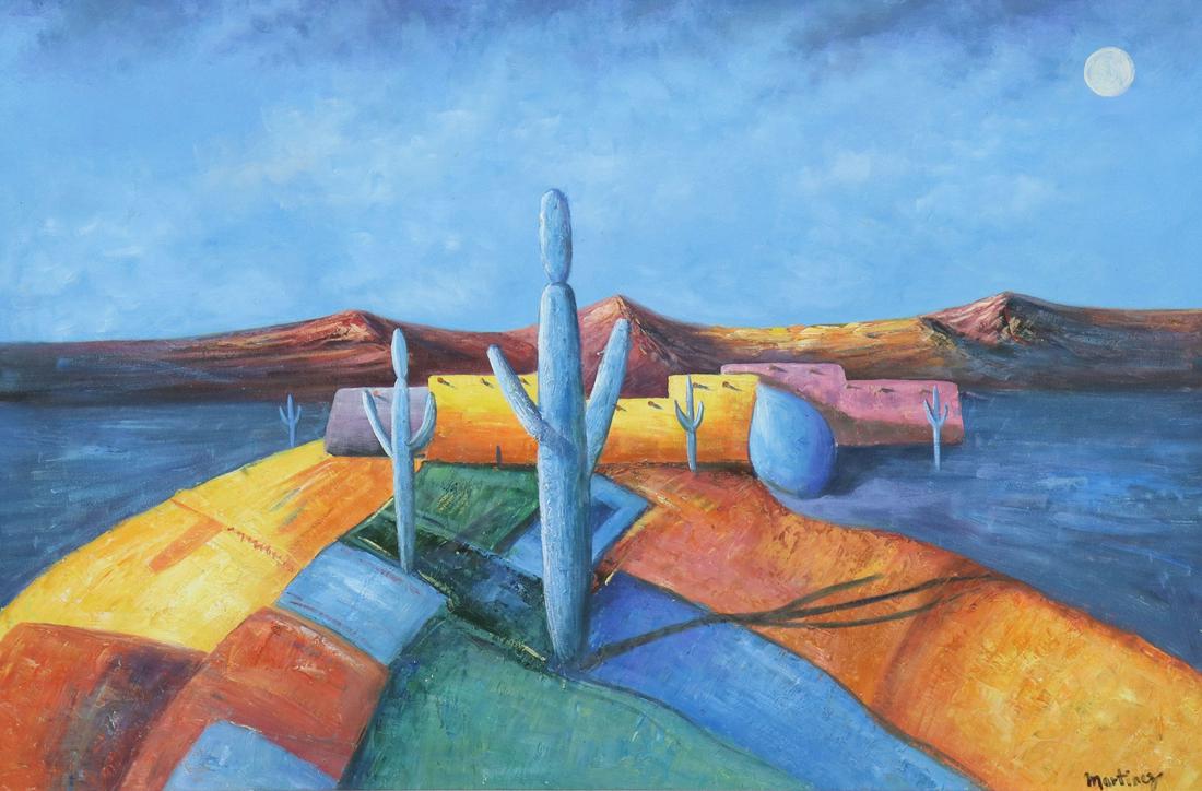 AFTER DOWNE BURNS SOUTHWEST LANDSCAPE PAINTING: Framed oil on canvas painting, Valley of Brilliant Colors, signed lower right Martinez, after Downe Burns (Texas, 20th c.), sight: 23.25"h, 35.25"w, overall: 31.5"h, 43.5"w, 14lbs Start Price: $100.00