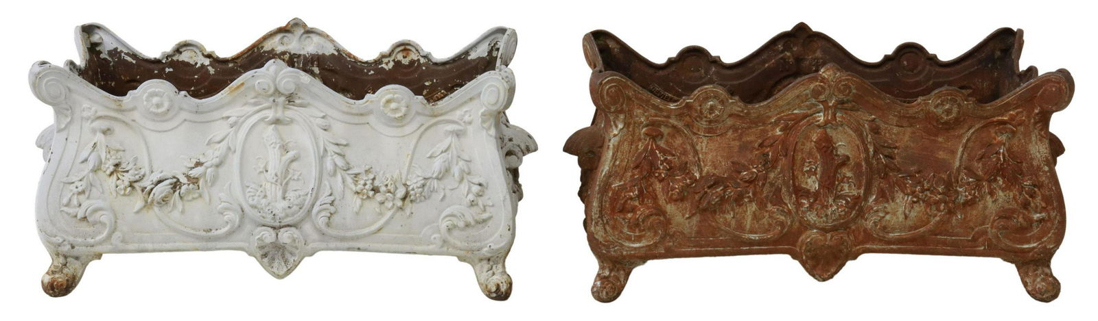 (2) FRENCH CAST IRON PLANTER BOXES JARDINIERES: (pair) French painted cast iron garden planter pots, having rectangular body, foliate scroll, rising on shaped feet, oxidized, approx 14"h, 28"w, 13"d Start Price: $300.00