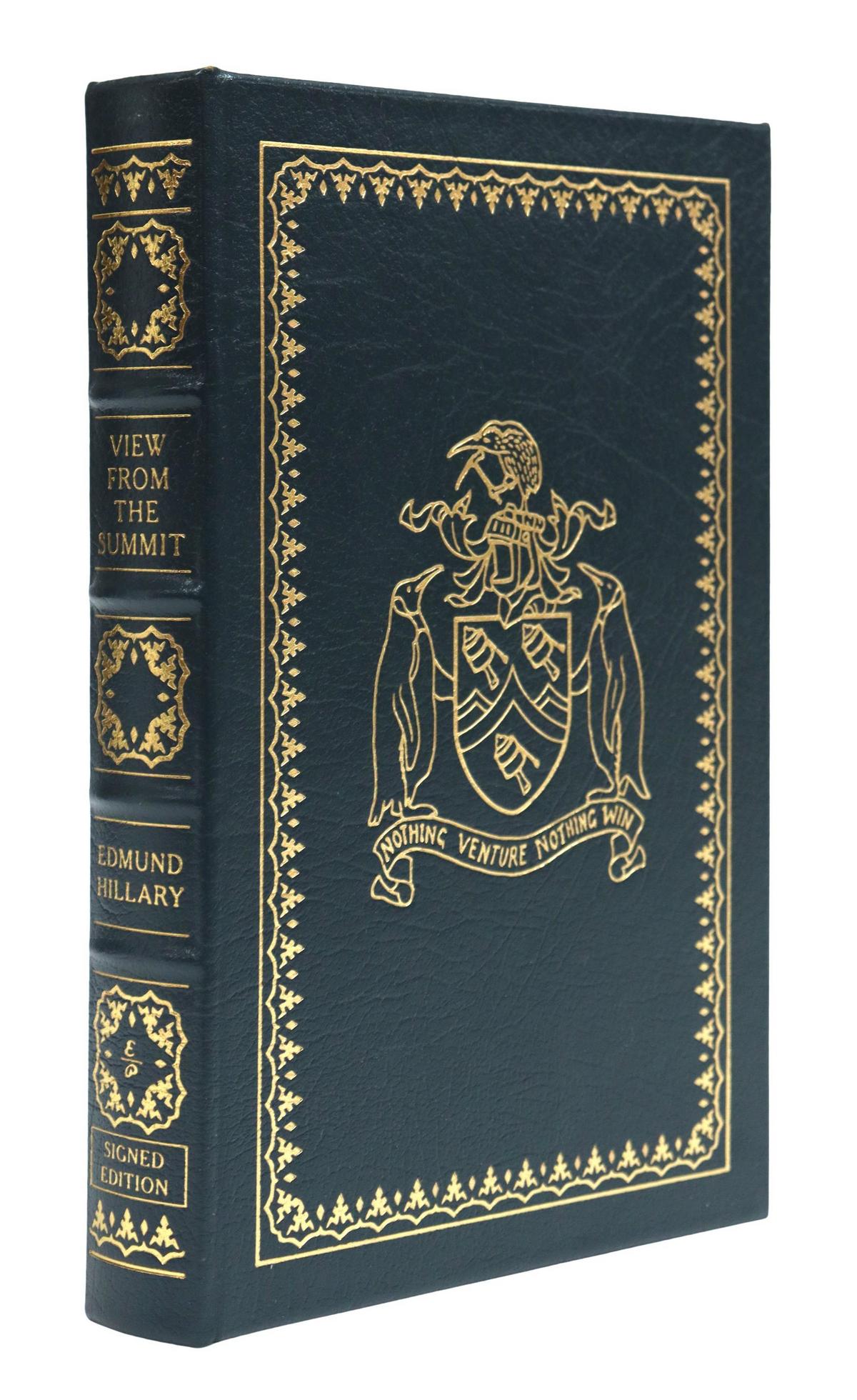 EDMUND HILLARY, SIGNED 1ST ED, VIEW FROM SUMMIT: Book: "View from the Summit," signed Edmund Hillary (Sir Edmund Hillary, New Zealand, 1919-2008), Easton Press, 1999, first edition, 299 pages, original full gray leather in gilt, all edges gilt, silk