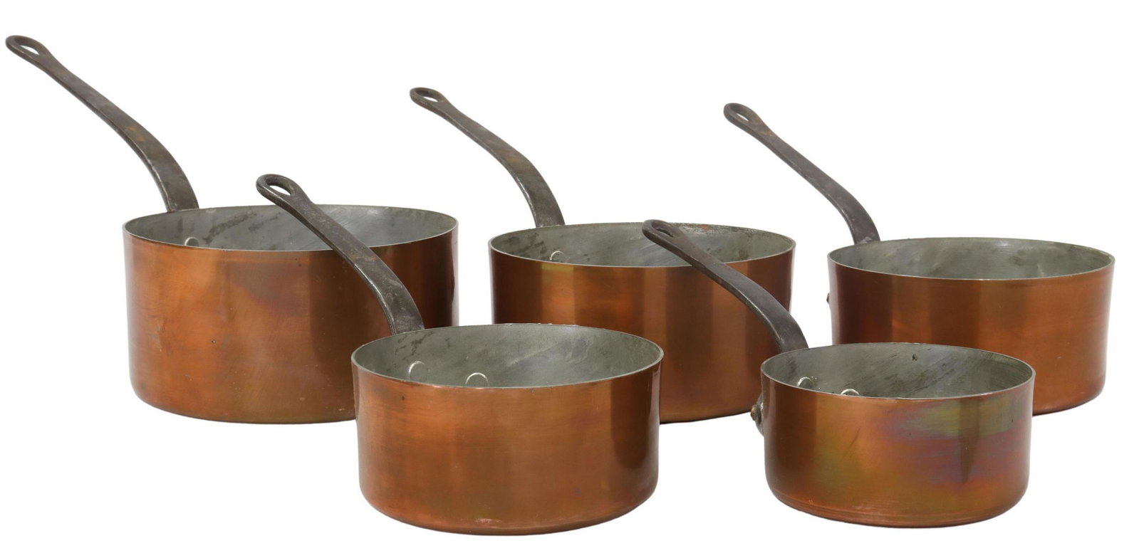 (5) FRENCH COPPER GRADUATED SAUCEPANS: (lot of 5) French copper graduated saucepans, each with long iron handle, largest: approx 8.25"h, 16.5"l, 8.25"diam; 10.75lbs total Start Price: $150.00