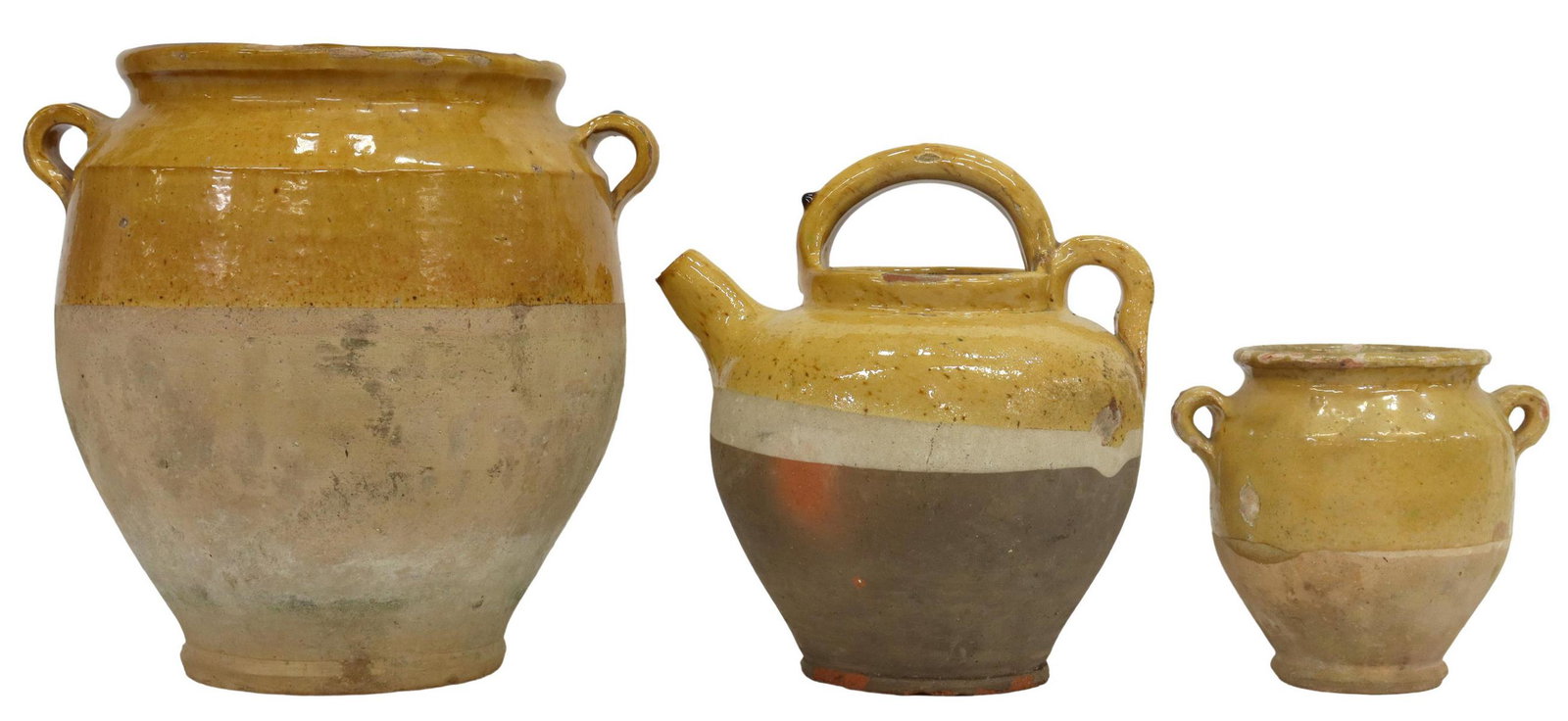 (3) FRENCH GLAZED EARTHENWARE VESSELS, JARS & JUG: (lot of 3) French yellow glazed earthenware vessels, including: (1) small confit jar, having two handles, approx 5.5"h, 6"diam., (1) ewer, approx 9"h, 7.5"diam., (1) large confit jar, having two handl