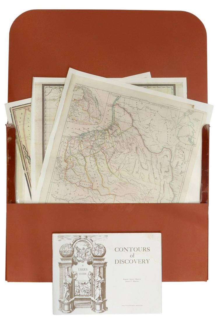 (24) TEXAS PRINTED MAPS, 'CONTOURS OF DISCOVERY': (lot of 24) Collection of Texan printed maps, "Contours of Discovery", including: 4) Texas county maps, dated 1840, 1850, 1900, 1930, (1) Les Costes aux Environs de la Riviere de Misisipi", dated 1705