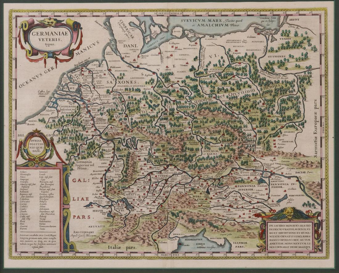 FRAME JACOB MONAU GEMANY MAP, WILLIAM BLAEU: Framed hand-painted map of Germany, engraved and illustrated after Jacob Monau (German, 1546-1603), etched for Abraham Ortelius (German, 1527-1598), published by Willem Blaeu, sight: 15.5"h, 19.5"w, o