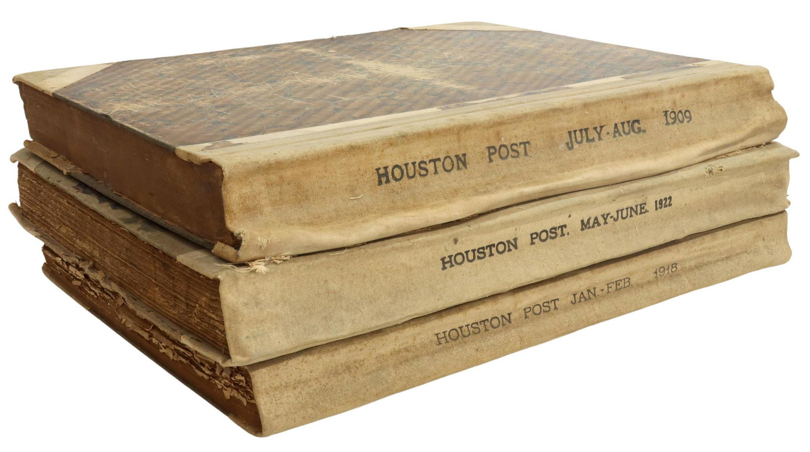 (3) HOUSTON POST BOUND NEWSPAPERS 1909 1918 1922: (lot of 3) Hardcover bound newspapers, "The Houston Post," including: (1) July 1909 through August 1909; (1) January 1918 through February 1918, (1) May 1922 through June 1922; many photos and news re