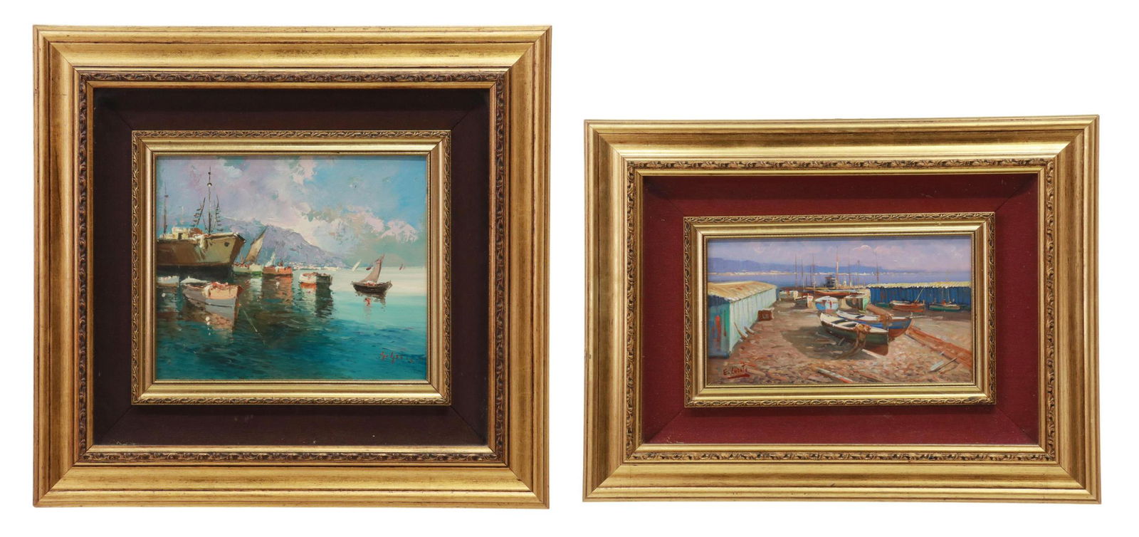 (2) ITALIAN OIL PAINTINGS OF FISHING BOATS: (lot of 2) Framed oil paintings, Fishing Boats, including: (1) signed lower right G. Guidi (Guido Guidi, Italian, 1901-1998), sight: 9"h, 11.5"w, overall: 19.5"h, 21.75"w, (1) signed lower left E. Luz