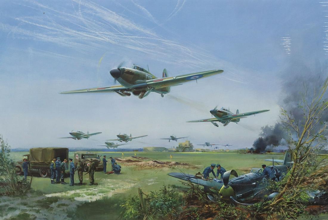 FRANK WOOTTON (1911-1998) WWII BATTLE OF BRITAIN PLANES: Unframed offset lithograph on paper, "Adlertag, 15 August 1940: Commemorating the 50th Anniversary of the Battle of Britain," signed lower center Frank Wootten (United Kingdom, 1911-1998), numbered 15