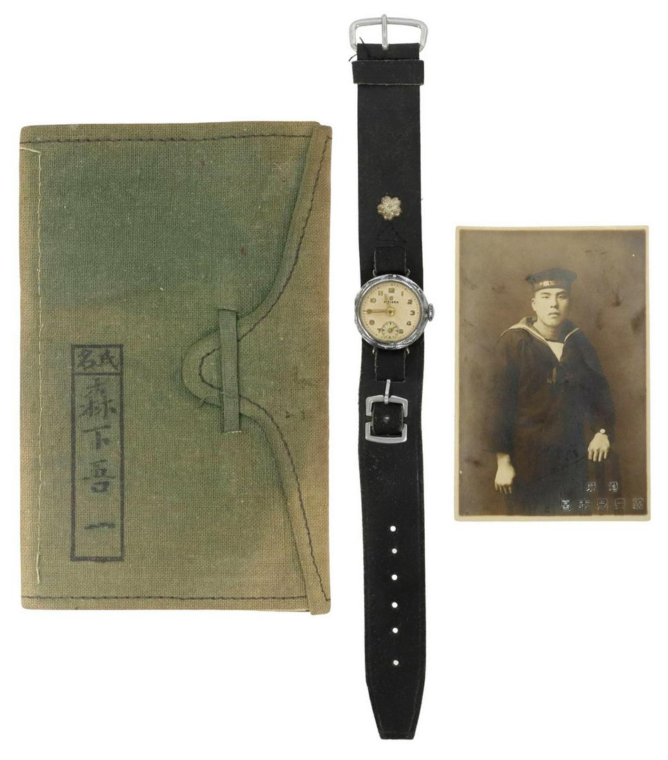 WWII JAPANESE SAILOR OPERATING WATCH, PHOTO, BOOK: Japanese WWII sailors watch, circular face with gilt Arabic numerals and hands, a second hand subdial, marked Citizen and Japan, manufactured by the Shokosha Watch Research Institute, the back marked