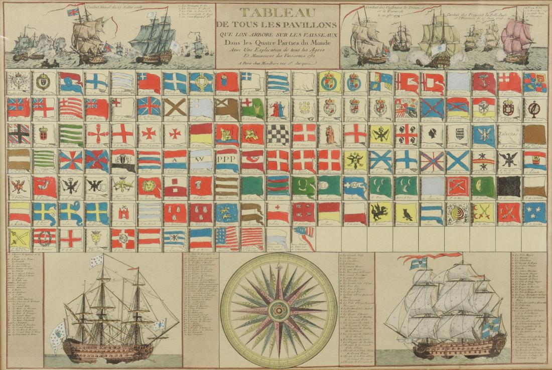CHEZ MONDHARE ENGRAVING WORLD NAUTICAL FLAGS: Framed engraving on paper with hand coloring, "Tableau de tous les pavillons qu l'on arbore sur les vaisseaux dans les quatre parties du monde," published by Chez Mondhare (Louis-Joseph Mondhare, 1734