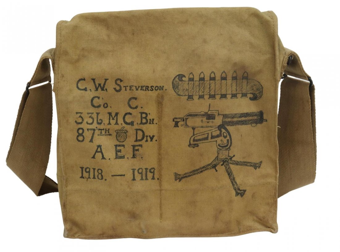 U.S. WWI MACHINE GUN TRENCH ART DRAWN GAS MASK BAG: U.S. WWI trench art, a decorated gas mask bag reading: C.W. Steverson, Co. C., 336 Machine Gun Battalion, drawing of a machine gun and belted cartridges, the bag interior deteriorated gas mask, overal
