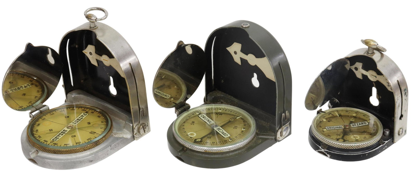 (3) GERMAN LUFFT COMPANY COMPASSES: (lot of 3) German WWII era metal cased compasses, Bezard Kompass, manufactured by George Lufft Company, Stuggart, the metal cases open to the compass covered with a hinged metal mirror, a knurled ring